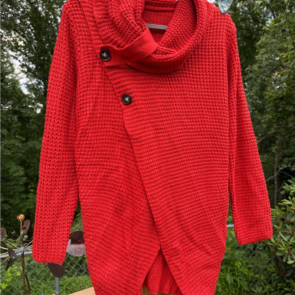 Cozy Red-Orange Button-Up Cowl Neck Sweater